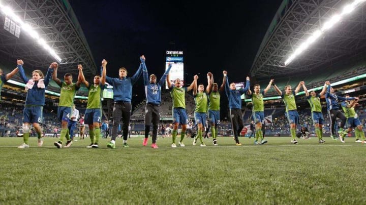 May 7, 2016; Seattle, WA, USA; The Seattle Sounders celebrate their win against the San Jose Earthquakes at CenturyLink Field. Seattle won 2-0. Mandatory Credit: Jennifer Buchanan-USA TODAY Sports