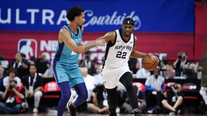 Jul 7, 2023; Las Vegas, NV, USA; San Antonio Spurs guard Malaki Branham (22) drives the ball against Charlotte Hornets guard James Bouknight (2) during the second half at Thomas & Mack Center. Mandatory Credit: Lucas Peltier-USA TODAY Sports