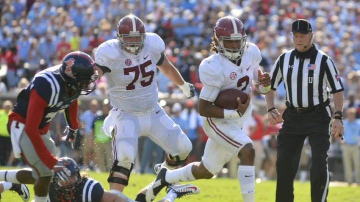 Sep 17, 2016; Oxford, MS, USA; Alabama Crimson Tide quarterback Jalen Hurts (2) runs the ball during the second half of the game against the Mississippi Rebels at Vaught-Hemingway Stadium. Mandatory Credit: Matt Bush-USA TODAY Sports