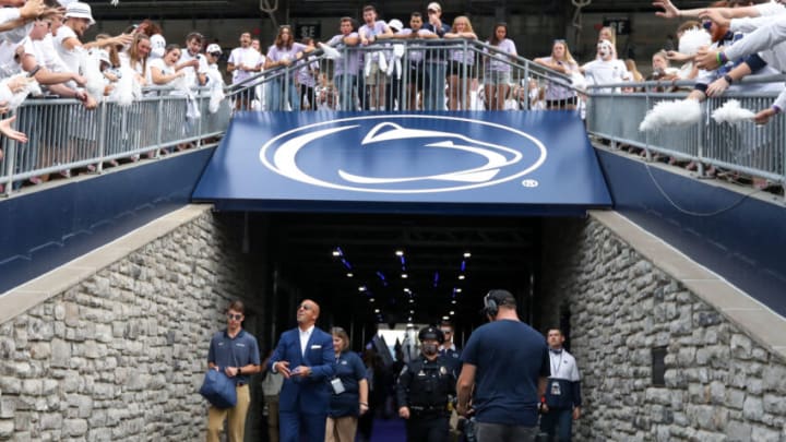 Penn State Nittany Lions head coach James Franklin interacts with members of the Penn State student section prior to the game against the Indiana Hoosiers at Beaver Stadium. Mandatory Credit: Matthew OHaren-USA TODAY Sports