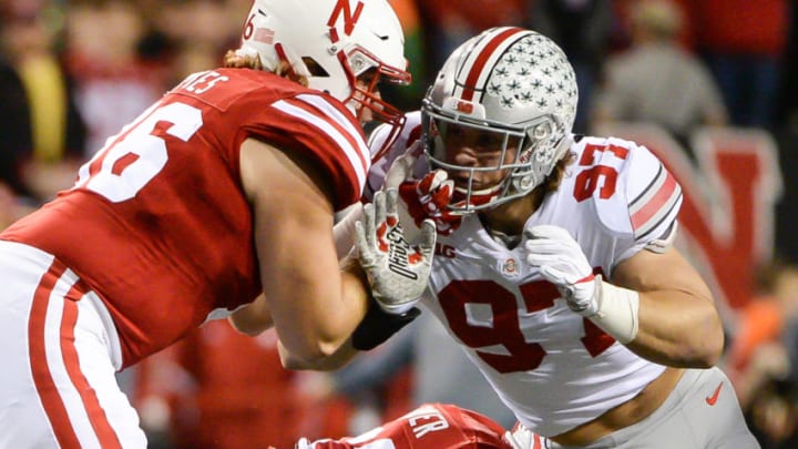 LINCOLN, NE - OCTOBER 14: Defensive lineman Nick Bosa #97 of the Ohio State Buckeyes rushes offensive lineman Brenden Jaimes #76 of the Nebraska Cornhuskers* of the Nebraska Cornhuskers at Memorial Stadium on October 14, 2017 in Lincoln, Nebraska. (Photo by Steven Branscombe/Getty Images)