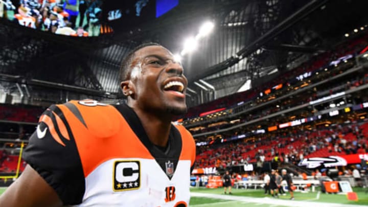 ATLANTA, GA – SEPTEMBER 30: A.J. Green #18 of the Cincinnati Bengals celebrates beating the Atlanta Falcons at Mercedes-Benz Stadium on September 30, 2018 in Atlanta, Georgia. (Photo by Scott Cunningham/Getty Images)