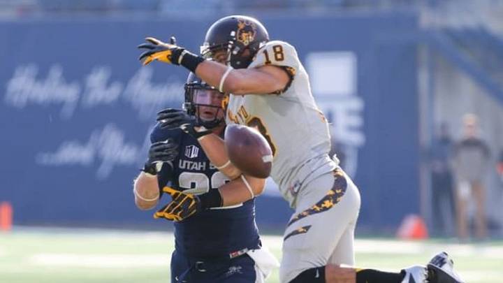 Nov 30, 2013; Logan, UT, USA; Utah State Aggies tight end Keegan Andersen (22) and Wyoming Cowboys safety Xavier Lewis (18) both attempt to catch the ball during the third quarter at Romney Stadium. Utah State Aggies won the game 35-7. Mandatory Credit: Chris Nicoll-USA TODAY Sports