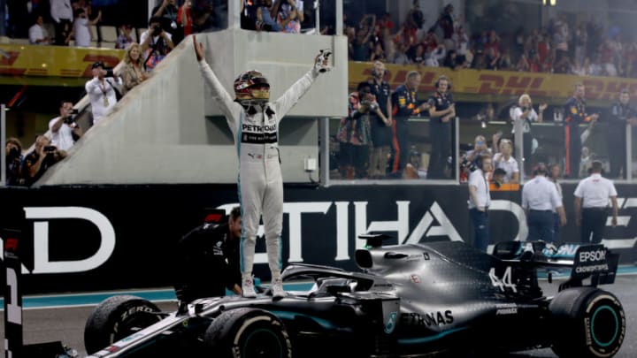 ABU DHABI, UNITED ARAB EMIRATES - DECEMBER 01: Race winner Lewis Hamilton of Great Britain and Mercedes GP celebrates in parc ferme during the F1 Grand Prix of Abu Dhabi at Yas Marina Circuit on December 01, 2019 in Abu Dhabi, United Arab Emirates. (Photo by Charles Coates/Getty Images)