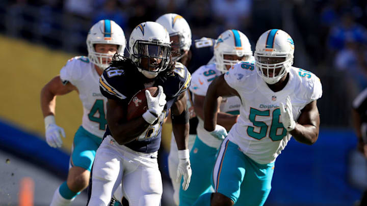 SAN DIEGO, CA - NOVEMBER 13: Melvin Gordon #28 of the San Diego Chargers is pursued on a run against the Miami Dolphins during the first half of a game at Qualcomm Stadium on November 13, 2016 in San Diego, California. (Photo by Sean M. Haffey/Getty Images)