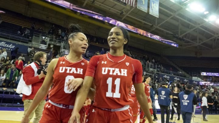 SEATTLE, WA – JANUARY 13: Utah Utes guard Erika Bean (11) and Utah Utes guard Kiana Moore (0) reacts after a college basketball game between the Utah Utes against the Washington Huskies on January 13, 2019, at Alaska Airlines Arena at Hec Edmundson Pavilion in Seattle, WA. (Photo by Joseph Weiser/Icon Sportswire via Getty Images)