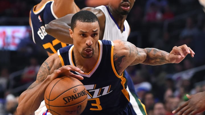 Mar 25, 2017; Los Angeles, CA, USA; Utah Jazz guard George Hill (3) drives to the basket in the second half of the game against the Los Angeles Clippers at Staples Center. Clippers won 108-95. Mandatory Credit: Jayne Kamin-Oncea-USA TODAY Sports