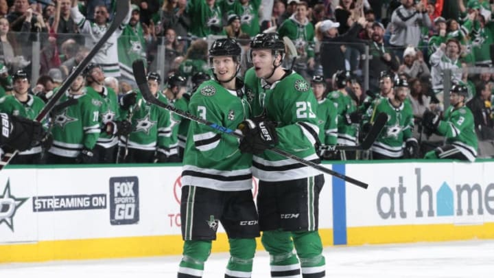 DALLAS, TX - FEBRUARY 9: John Klingberg #3 and Esa Lindell #23 of the Dallas Stars celebrate a goal against the Pittsburgh Penguins at the American Airlines Center on February 9, 2018 in Dallas, Texas. (Photo by Glenn James/NHLI via Getty Images)