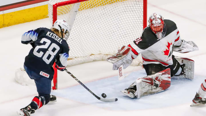HARTFORD, CT – DECEMBER 14: Team USA forward Amanda Kessel (28) shoots puck as Team Canada goaltender Genevieve Lacasse (31) tries to make save during the Canada Women’s National Hockey and Team USA Women’s Hockey Rivalry Series game on December 14, 2019, at XL Center in Hartford, CT. (Photo by John Crouch/Icon Sportswire via Getty Images)