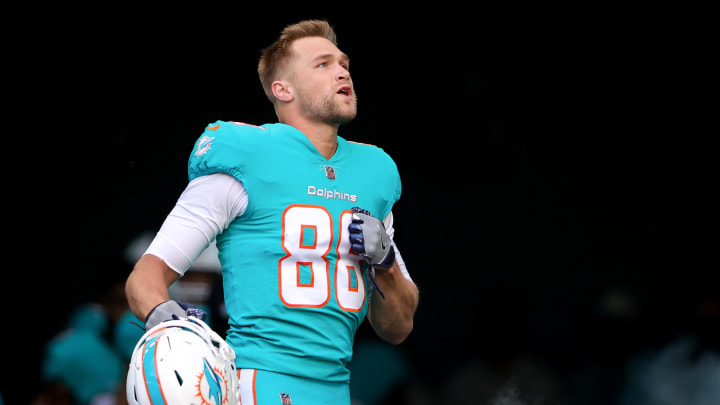 MIAMI GARDENS, FLORIDA – JANUARY 08: Mike Gesicki #88 of the Miami Dolphins takes the field prior to a game against the New York Jets at Hard Rock Stadium on January 08, 2023 in Miami Gardens, Florida. (Photo by Megan Briggs/Getty Images)