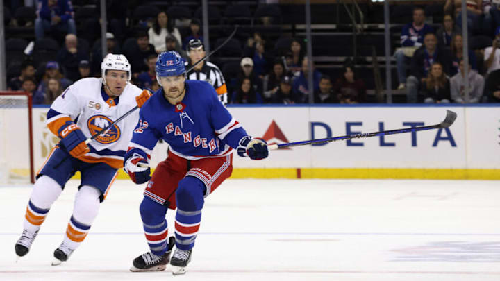 NEW YORK, NEW YORK - SEPTEMBER 26: Ryan Carpenter #22 of the New York Rangers skates against the New York Islanders at Madison Square Garden on September 26, 2022 in New York City. The Rangers defeated the Islanders 4-1. (Photo by Bruce Bennett/Getty Images)