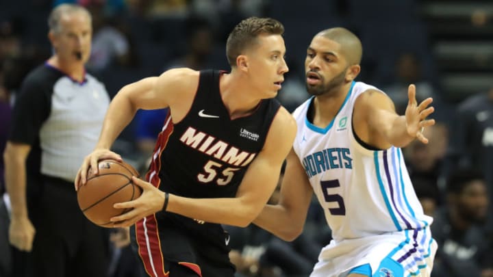 CHARLOTTE, NORTH CAROLINA - OCTOBER 09: Duncan Robinson #55 of the Miami Heat looks to pass around Nicolas Batum #5 of the Charlotte Hornets during their game at Spectrum Center on October 09, 2019 in Charlotte, North Carolina. NOTE TO USER: User expressly acknowledges and agrees that, by downloading and or using this photograph, User is consenting to the terms and conditions of the Getty Images License Agreement. (Photo by Streeter Lecka/Getty Images)