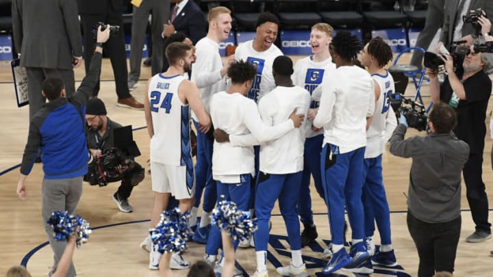 NEW YORK, NEW YORK - MARCH 12: The Creighton Bluejays huddle before the start of the first half against the St. John's Red Storm during the quarterfinals of the Big East Basketball Tournament at Madison Square Garden on March 12, 2020 in New York City. (Photo by Sarah Stier/Getty Images)
