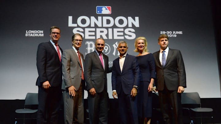 (Left to right) Chief of Business Affairs for the MLBPA Tim Slavin, Boston Red Sox joint owner John W Henry, MLB Commissioner Rob Manfred, Mayor of London Sadiq Khan, New York Yankees joint owners Jennifer Steinbrenner Swindal and Hal Steinbrenner during the press conference at Regent Street Cinema, London. (Photo by Kirsty O'Connor/PA Images via Getty Images)