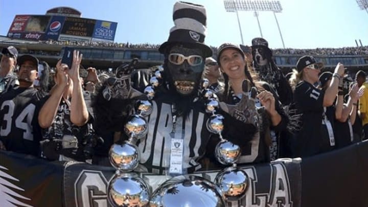 Sep 15, 2013; Oakland, CA, USA; Oakland Raiders fan Mark Acasio aka Gorilla Rilla poses during the game against the Jacksonville Jaguars at O.co Coliseum. The Raiders defeated the Jaguars 19-9. Mandatory Credit: Kirby Lee-USA TODAY Sports