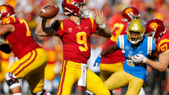 LOS ANGELES, CA - NOVEMBER 23: USC Trojans quarterback Kedon Slovis (9) looks to throw the ball during a college football game between the UCLA Bruins and the USC Trojans on November 23, 2019, at the Los Angeles Memorial Coliseum in Los Angeles, CA. (Photo by Jordon Kelly)