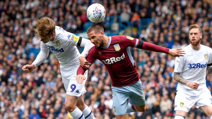 LEEDS, ENGLAND - APRIL 28: Conor Hourihane of Aston Villa wins a header from Patrick Bamford of Leeds United during the Sky Bet Championship match between Leeds United and Aston Villa at Elland Road on April 28, 2019 in Leeds, England. (Photo by George Wood/Getty Images)