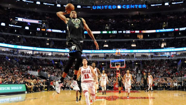 Dec 31, 2016; Chicago, IL, USA; Milwaukee Bucks forward Giannis Antetokounmpo (34) dunks against the Chicago Bulls during the first half at United Center. Mandatory Credit: Patrick Gorski-USA TODAY Sports