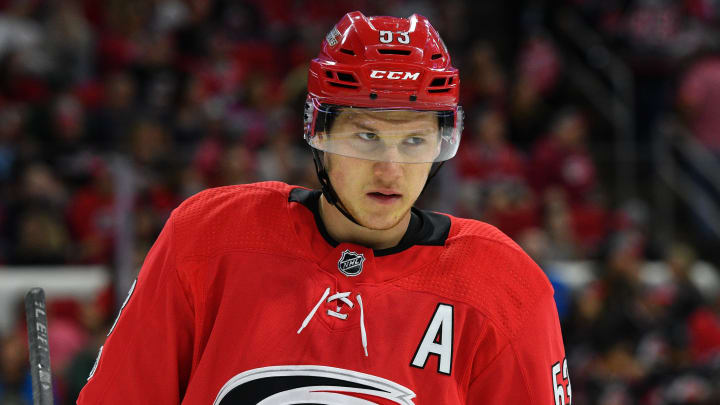 RALEIGH, NC – OCTOBER 07: Carolina Hurricanes Left Wing Jeff Skinner (53) skates in a timeout during a game between the Minnesota Wild and the Carolina Hurricanes at the PNC Arena in Raleigh, NC on October 7, 2017. Carolina defeated Minnesota 5 – 4 in a shootout. (Photo by Greg Thompson/Icon Sportswire via Getty Images)