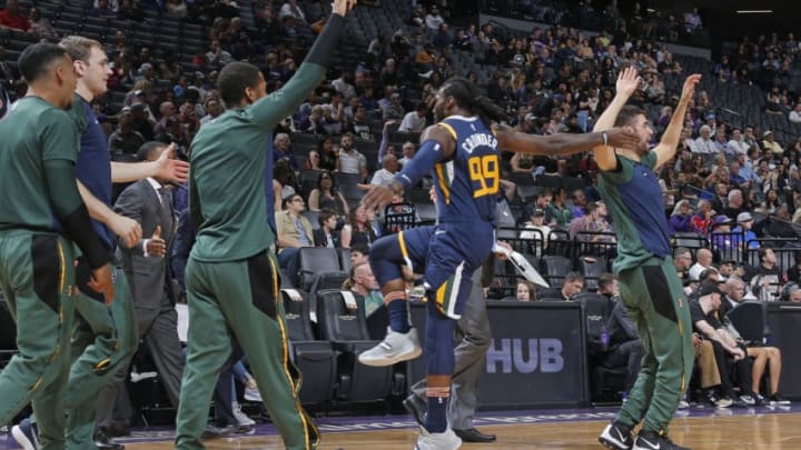 SACRAMENTO, CA - OCTOBER 11: The Utah Jazz celebrate a play during a pre-season game against the Sacramento Kings on October 11, 2018 at Golden 1 Center in Sacramento, California. Copyright 2018 NBAE (Photo by Rocky Widner/NBAE via Getty Images)