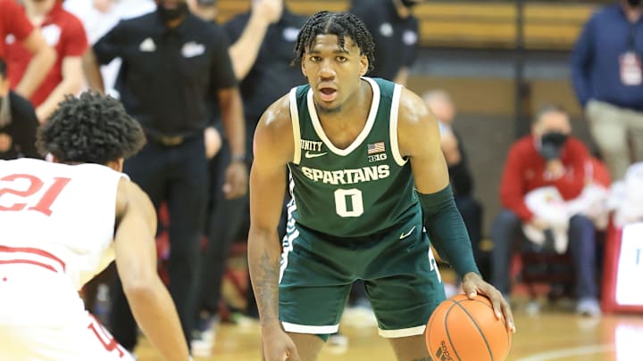 BLOOMINGTON, INDIANA – FEBRUARY 20: Aaron Henry #0 of the Michigan State Spartans dribbles the ball during the 78-71 win over the Indiana Hoosiers at Assembly Hall on February 20, 2021 in Bloomington, Indiana. (Photo by Andy Lyons/Getty Images)