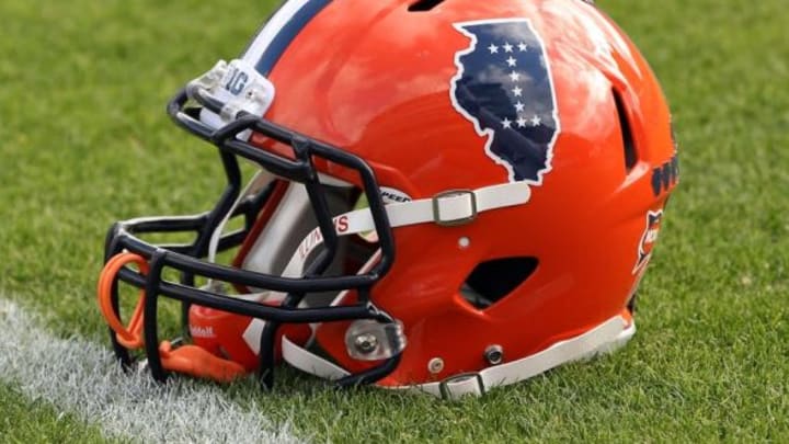 Nov 23, 2013; West Lafayette, IN, USA; Illinois Fighting Illini helmet on the field before the game against the Purdue Boilermakers at Ross Ade Stadium. Mandatory Credit: Pat Lovell-USA TODAY Sports