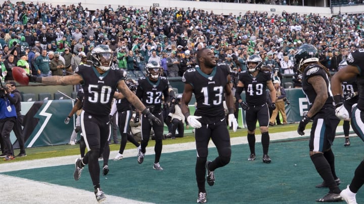 PHILADELPHIA, PA – NOVEMBER 03: Duke Riley #50 of the Philadelphia Eagles celebrates along with Rasul Douglas #32, Nelson Agholor #13, Alex Singleton #49, and Ronald Darby #21 late in the fourth quarter against the Chicago Bears at Lincoln Financial Field on November 3, 2019, in Philadelphia, Pennsylvania. The Eagles defeated the Bears 22-14. (Photo by Mitchell Leff/Getty Images)