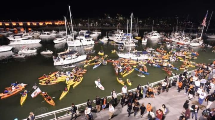 Oct 26, 2014; San Francisco, CA, USA; A general view of boats and kayaks in McCovey Cove during game five of the 2014 World Series between the San Francisco Giants and the Kansas City Royals at AT&T Park. Mandatory Credit: Ed Szczepanski-USA TODAY Sports
