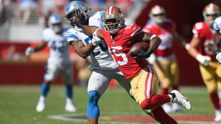 SANTA CLARA, CA – SEPTEMBER 16: Pierre Garcon #15 of the San Francisco 49ers fights off the tackle of Quandre Diggs #28 of the Detroit Lions during the fourth quarter of an NFL football game at Levi’s Stadium on September 16, 2018 in Santa Clara, California. (Photo by Thearon W. Henderson/Getty Images)