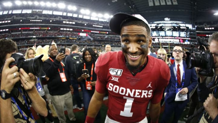 ARLINGTON, TX - DECEMBER 07: Jalen Hurts #1 of the Oklahoma Sooners celebrates the team"u2019s win over the Baylor Bears following the Big 12 Football Championship at AT&T Stadium on December 7, 2019 in Arlington, Texas. Oklahoma won 30-23. (Photo by Ron Jenkins/Getty Images)