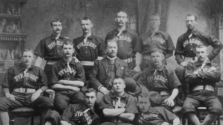 SYRACUSE, NEW YORK – 1889. The Syracuse Stars Base Ball Club poses for a team portrait in 1889. Negro baseball pioneer Moses Fleetwood Walker is in the back row, far right. (Photo by Mark Rucker/Transcendental Graphics, Getty Images)