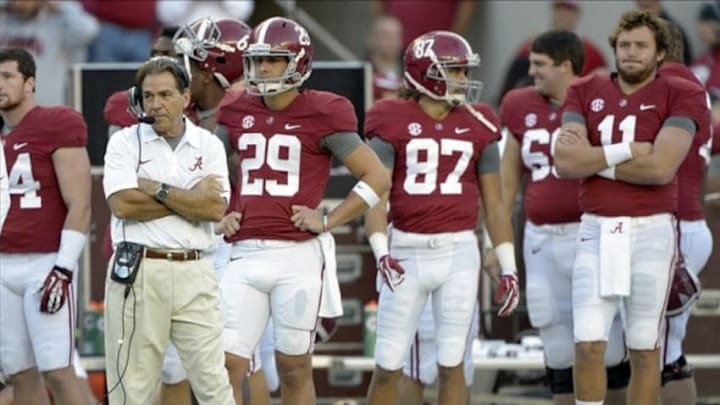 Oct 26, 2013; Tuscaloosa, AL, USA; Alabama Crimson Tide head coach Nick Saban looks on from the sidelines against the Tennessee Volunteers during the fourth quarter at Bryant-Denny Stadium. Mandatory Credit: John David Mercer-USA TODAY Sports Oct 26, 2013; Tuscaloosa, AL, USA; Alabama Crimson Tide head coach Nick Saban looks on from the sidelines against the Tennessee Volunteers during the fourth quarter at Bryant-Denny Stadium. Mandatory Credit: John David Mercer-USA TODAY Sports
