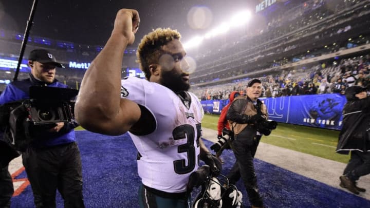 EAST RUTHERFORD, NEW JERSEY - DECEMBER 29: Boston Scott #35 of the Philadelphia Eagles celebrates his teams win over the New York Giants at MetLife Stadium on December 29, 2019 in East Rutherford, New Jersey. (Photo by Steven Ryan/Getty Images)