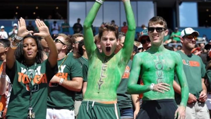 Nov 1, 2014; Miami Gardens, FL, USA; Miami Hurricanes fans cheer on during the first half against the North Carolina Tar Heels at Sun Life Stadium. Mandatory Credit: Steve Mitchell-USA TODAY Sports