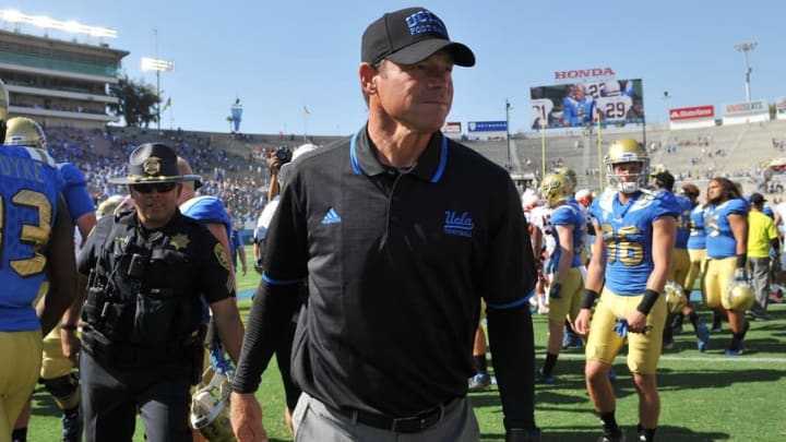 September 5, 2015; Pasadena, CA, USA; UCLA Bruins head coach Jim Mora following the 34-16 victory against the Virginia Cavaliers at the Rose Bowl. Mandatory Credit: Gary A. Vasquez-USA TODAY Sports