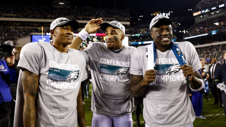 DeVonta Smith #6, Jalen Hurts #1, and A.J. Brown #11 of the Philadelphia Eagles. (Photo by Kevin Sabitus/Getty Images)