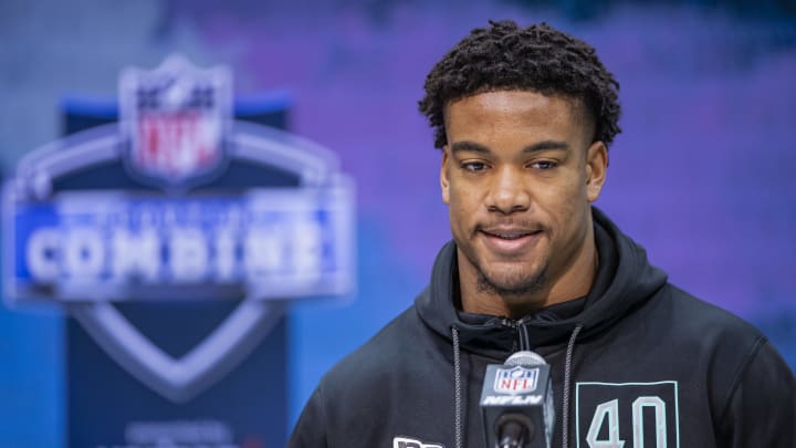 INDIANAPOLIS, IN – FEBRUARY 28: Jeremy Chinn #DB40 of the Southern Illinois Salukis speaks to the media on day four of the NFL Combine at Lucas Oil Stadium on February 28, 2020 in Indianapolis, Indiana. (Photo by Michael Hickey/Getty Images)