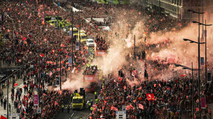 Liverpool players and staff on the bus during the Champions League Winners Parade in Liverpool. (Photo by Danny Lawson/PA Images via Getty Images)