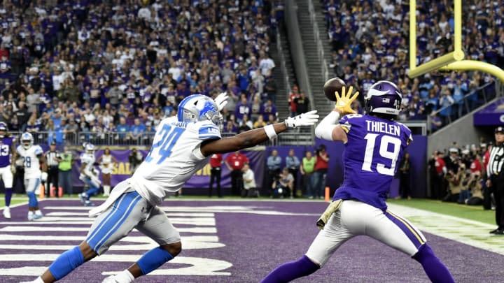 MINNEAPOLIS, MN – NOVEMBER 4: Adam Thielen #19 of the Minnesota Vikings catches the ball for a touchdown in the second quarter of the game against the Detroit Lions at U.S. Bank Stadium on November 4, 2018 in Minneapolis, Minnesota. (Photo by Hannah Foslien/Getty Images)