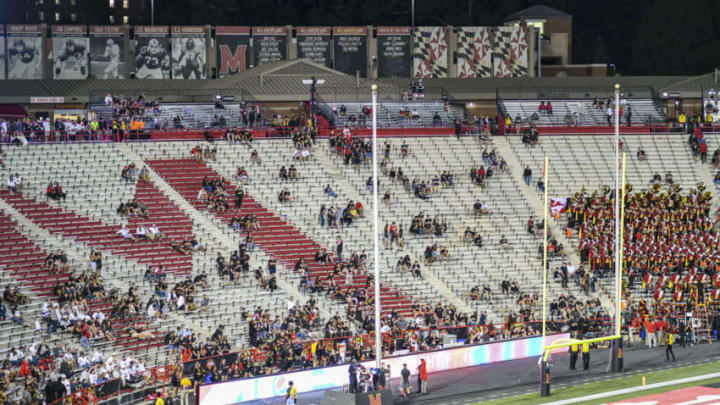 COLLEGE PARK, MD - SEPTEMBER 27: The Maryland Terrapins student section in mostly empty except for the school band in the fourth quarter of the game against the Penn State Nittany Lions on September 27, 2019, at Capital One Field at Maryland Stadium in College Park, MD. Photo by Mark Goldman/Icon Sportswire via Getty Images)