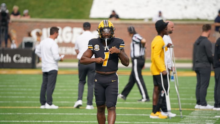 Oct 9, 2021; Columbia, Missouri, USA; Missouri Tigers running back Tyler Badie (1) warms up against the North Texas Mean Green before the game at Faurot Field at Memorial Stadium. Mandatory Credit: Denny Medley-USA TODAY Sports