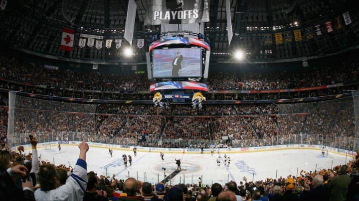 BUFFALO, NY - APRIL 17: A general view during the singing of the National Anthem prior to Game Two of the Eastern Conference Quarterfinals between the Buffalo Sabres and the Boston Bruins during the 2010 NHL Stanley Cup Playoffs at HSBC Arena on April 17, 2010 in Buffalo, New York. (Photo by Rick Stewart/Getty Images)