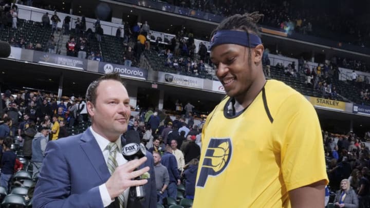 INDIANAPOLIS, IN - DECEMBER 23: Myles Turner #33 of the Indiana Pacers speaks with the media after the game against the Washington Wizards on December 23, 2018 at Bankers Life Fieldhouse in Indianapolis, Indiana. NOTE TO USER: User expressly acknowledges and agrees that, by downloading and or using this Photograph, user is consenting to the terms and conditions of the Getty Images License Agreement. Mandatory Copyright Notice: Copyright 2018 NBAE (Photo by Ron Hoskins/NBAE via Getty Images)