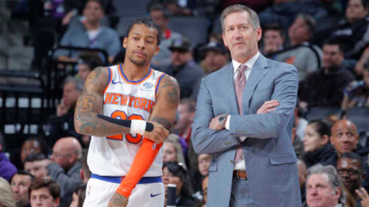 SACRAMENTO, CA – MARCH 4: Head coach Jeff Hornacek of the New York Knicks coaches Trey Burke #23 against the Sacramento Kings on March 4, 2018 at Golden 1 Center in Sacramento, California. Copyright 2018 NBAE (Photo by Rocky Widner/NBAE via Getty Images)