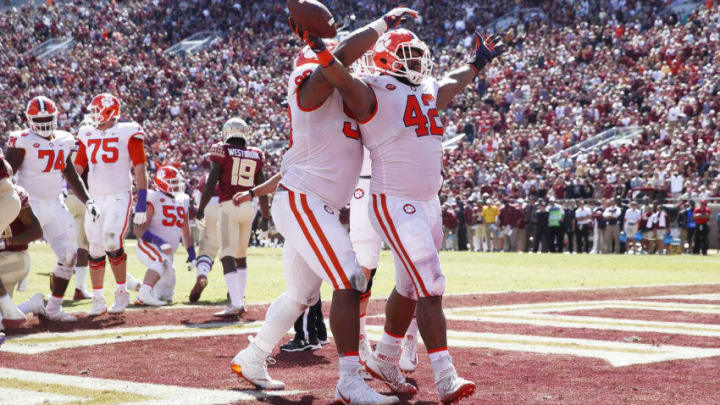 TALLAHASSEE, FL - OCTOBER 27: Christian Wilkins #42 of the Clemson Tigers reacts after rushing for a one-yard touchdown in the second quarter of the game against the Florida State Seminoles at Doak Campbell Stadium on October 27, 2018 in Tallahassee, Florida. (Photo by Joe Robbins/Getty Images)