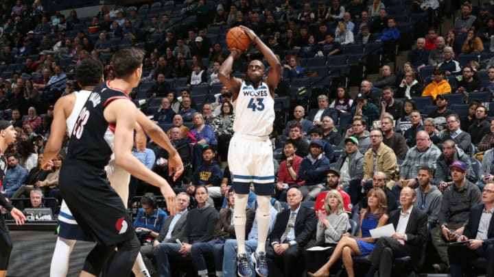 MINNEAPOLIS, MN - APRIL 1: Anthony Tolliver #43 of the Minnesota Timberwolves shoots the ball against the Portland Trail Blazers on April 1, 2019 at Target Center in Minneapolis, Minnesota. NOTE TO USER: User expressly acknowledges and agrees that, by downloading and/or using this photograph, user is consenting to the terms and conditions of the Getty Images License Agreement. Mandatory Copyright Notice: Copyright 2019 NBAE (Photo by David Sherman/NBAE via Getty Images)