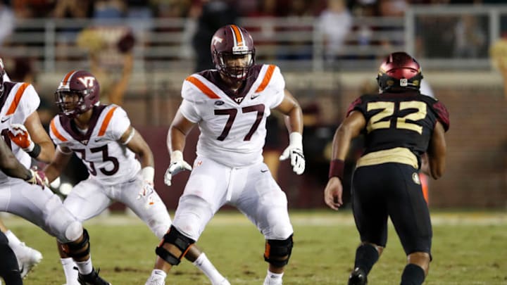 TALLAHASSEE, FL - SEPTEMBER 03: Christian Darrisaw #77 of the Virginia Tech Hokies in action during the game against the Florida State Seminoles at Doak Campbell Stadium on September 3, 2018 in Tallahassee, Florida. Virginia Tech won 24-3. (Photo by Joe Robbins/Getty Images)
