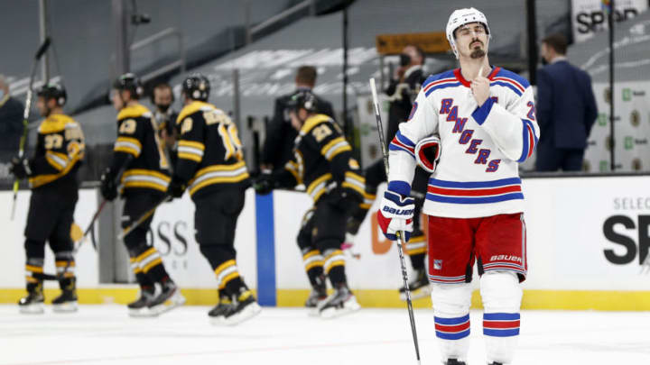 BOSTON, MASSACHUSETTS - MARCH 11: Chris Kreider #20 of the New York Rangers looks on after the Boston Bruins defeat the Rangers 4-0 at TD Garden on March 11, 2021 in Boston, Massachusetts. (Photo by Maddie Meyer/Getty Images)