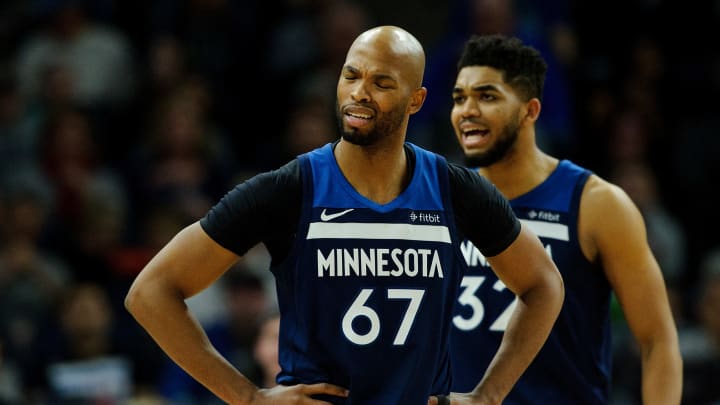 MINNEAPOLIS, MN – MARCH 18: Taj Gibson and Karl-Anthony Towns. (Photo by Hannah Foslien/Getty Images)