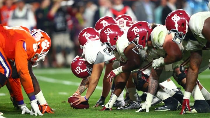 Jan 11, 2016; Glendale, AZ, USA; Alabama Crimson Tide long snapper Cole Mazza (55) prepares to snap the ball against the Clemson Tigers in the 2016 CFP National Championship at University of Phoenix Stadium. Mandatory Credit: Mark J. Rebilas-USA TODAY Sports